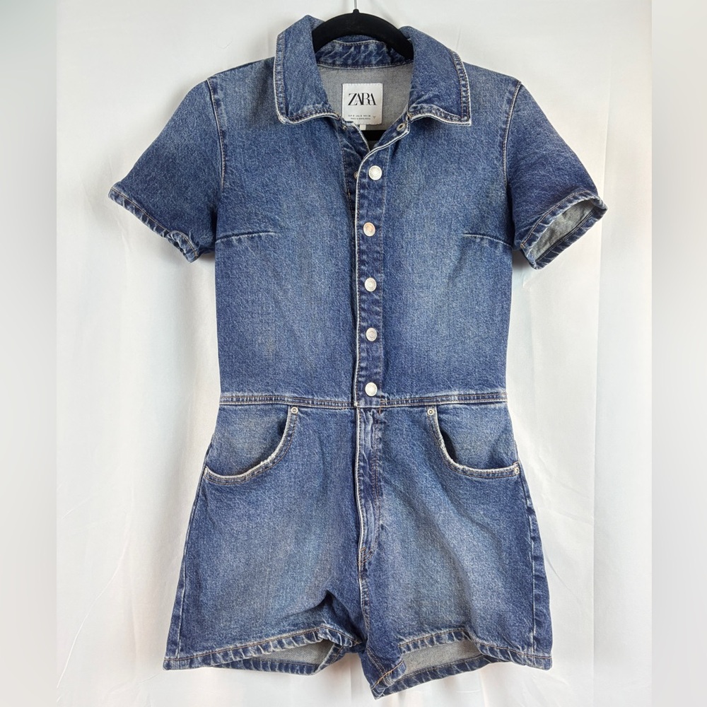 Zara Blue Denim Short-Sleeve Romper‎